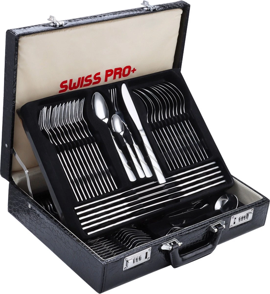 Swiss Pro+ Bestekset In Koffer-72 Delig-12 Persoons-Zwitsers Kwaliteit-Complete Set-100% Roestvrijstaal-Modern 1 Swiss Pro+ Bestekset In Koffer-72 Delig-12 Persoons-Zwitsers Kwaliteit-Complete Set-100% Roestvrijstaal-Modern