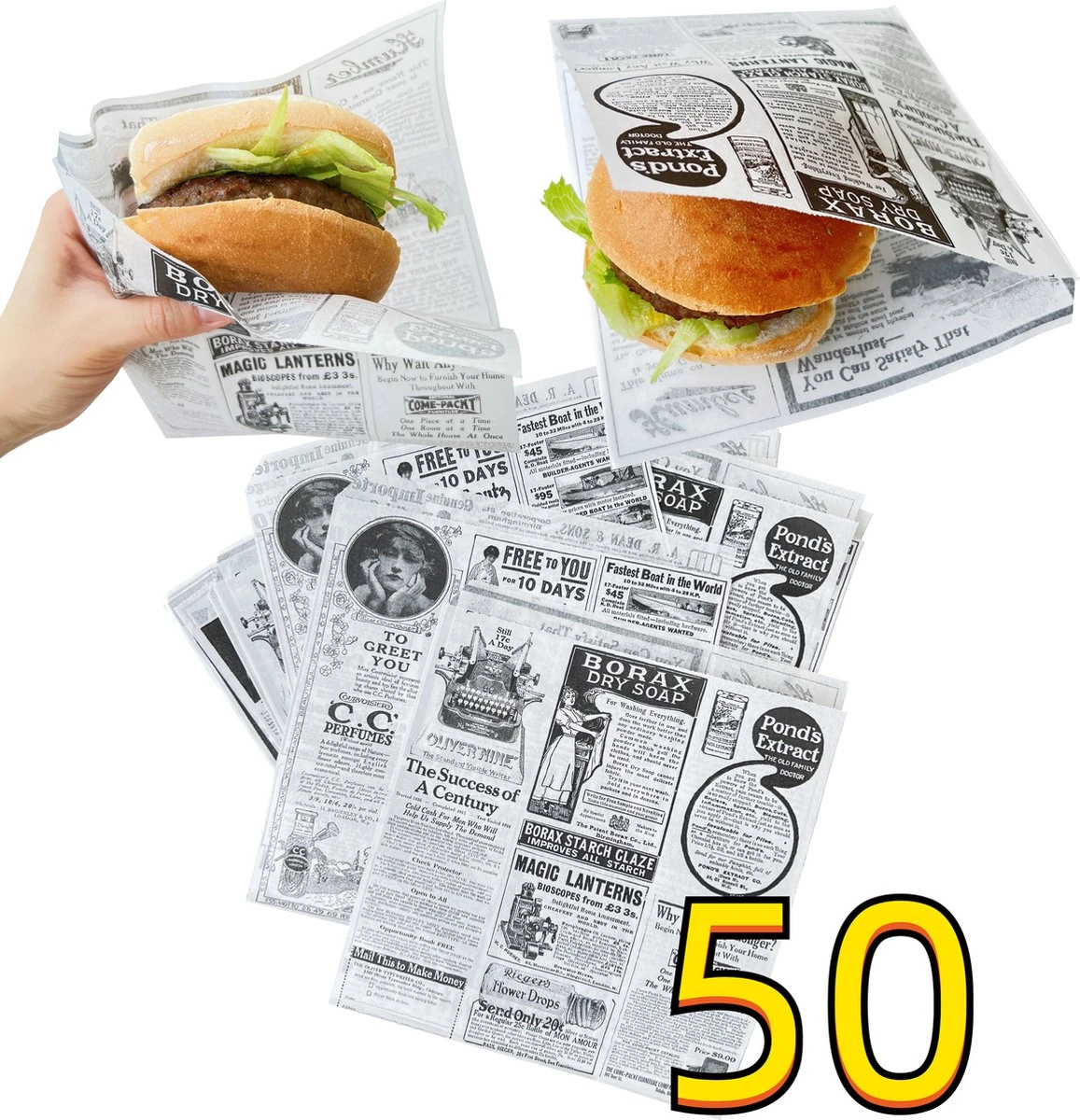 Rainbecom - 50 Stuks - 19 X 17 Cm - Hamburger Zakje Papier - Vetvrij Papier - Papieren Zak Voor Sandwiches - Krant 1 Rainbecom - 50 Stuks - 19 X 17 Cm - Hamburger Zakje Papier - Vetvrij Papier - Papieren Zak Voor Sandwiches - Krant