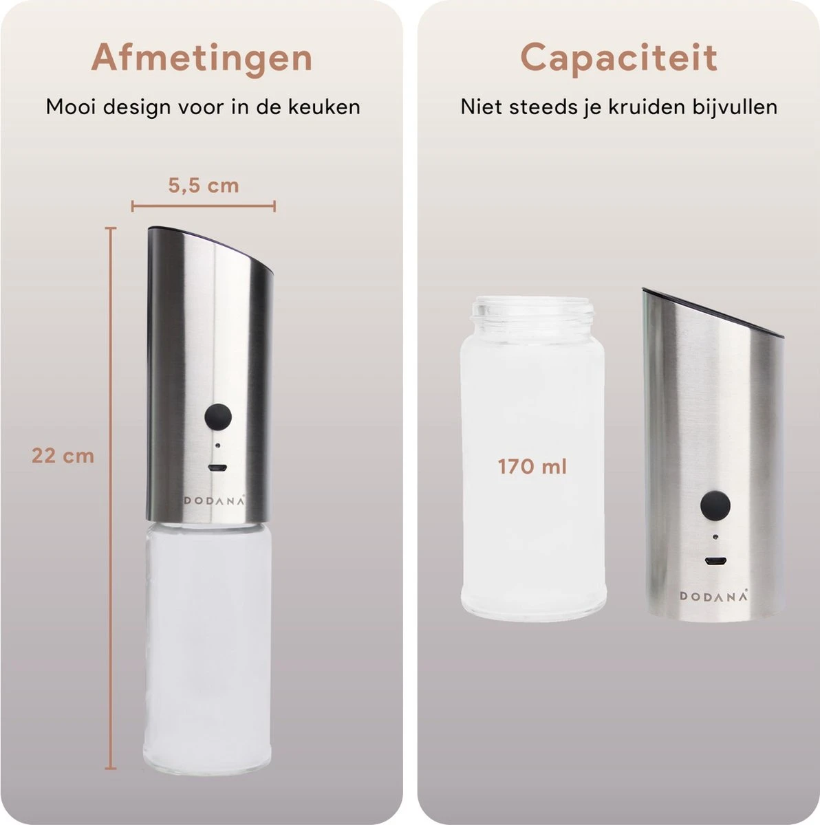 DODANA Premium Peper - & Zoutmolen Elektrisch - 1 Stuk - Pepermolen - Zoutmolen - Oplaadbaar - USB - Elektrische Pepermolen - RVS - Zwaartekracht Functie - LED Lamp - Nl Handleiding - Incl Borsteltje 2 DODANA Premium Peper - & Zoutmolen Elektrisch - 1 Stuk - Pepermolen - Zoutmolen - Oplaadbaar - USB - Elektrische Pepermolen - RVS - Zwaartekracht Functie - LED Lamp - Nl Handleiding - Incl Borsteltje - Image 2