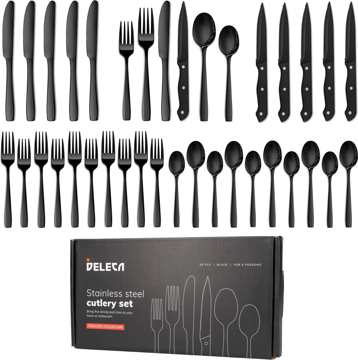 Deleca 6 Persoons Bestekset (36-delig) - Lepels, Messen, Vorken & Steakmessen - Vaatwasserbestendig - Zwart / RVS 1 Deleca 6 Persoons Bestekset (36-delig) - Lepels, Messen, Vorken & Steakmessen - Vaatwasserbestendig - Zwart / RVS