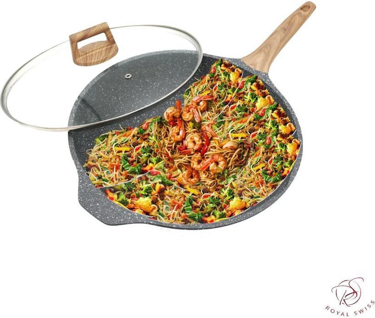 Royal Swiss Marble Coating Wokpan - Met Glazen Deksel - Imitatie Houten Handvat - 32 Cm 1 Royal Swiss Marble Coating Wokpan - Met Glazen Deksel - Imitatie Houten Handvat - 32 Cm