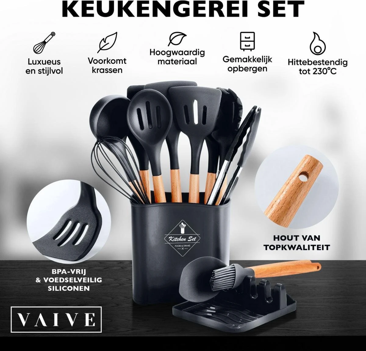 VAIVE Kookgerei Set 13-delig Met Houder - Keukengerei Set - Garde - Spatel Silicone 6 VAIVE Kookgerei Set 13-delig Met Houder - Keukengerei Set - Garde - Spatel Silicone - Image 6