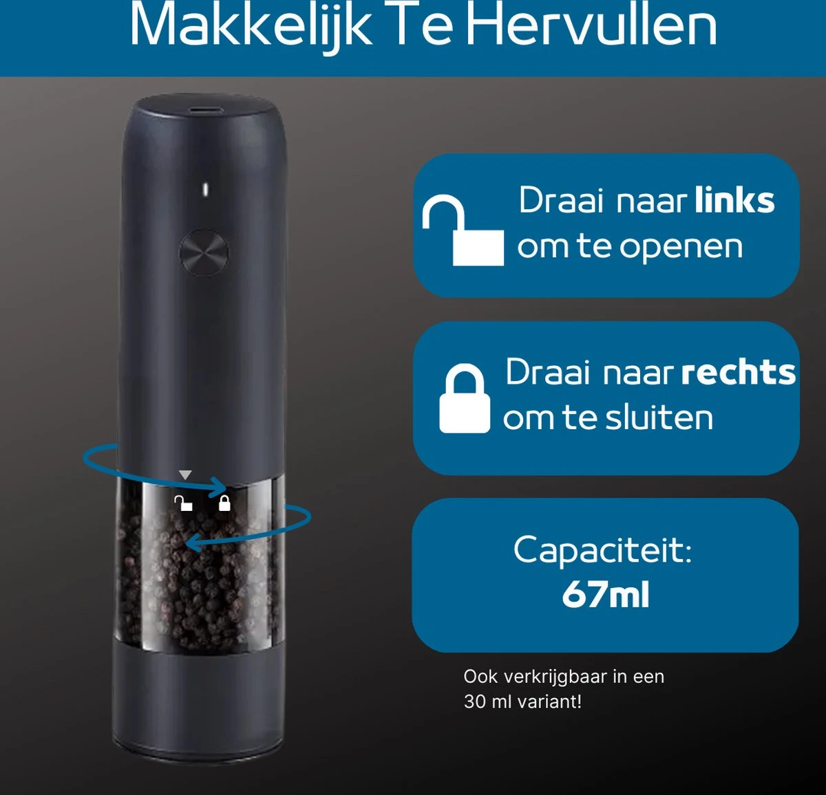 GOV Elektrische Peper- En Zoutmolen Zwart XL Set Oplaadbaar - Pepermolen - Peper En Zoutstel 3 GOV Elektrische Peper- En Zoutmolen Zwart XL Set Oplaadbaar - Pepermolen - Peper En Zoutstel - Image 3