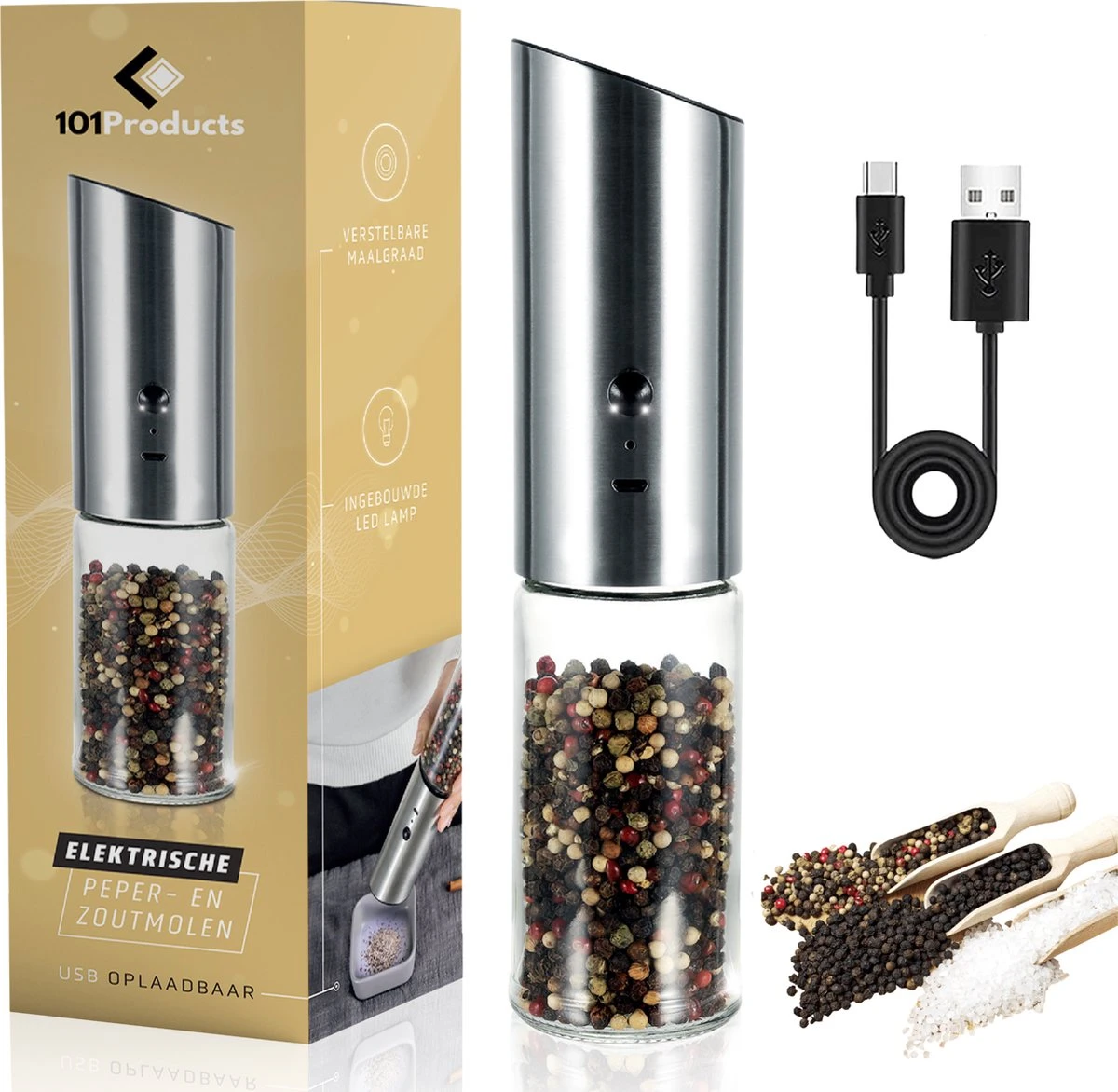 101Products Peper- & Zoutmolen Elektrisch - USB Oplaadbaar - Pepermolen - Zoutmolen - RVS 1 101Products Peper- & Zoutmolen Elektrisch - USB Oplaadbaar - Pepermolen - Zoutmolen - RVS