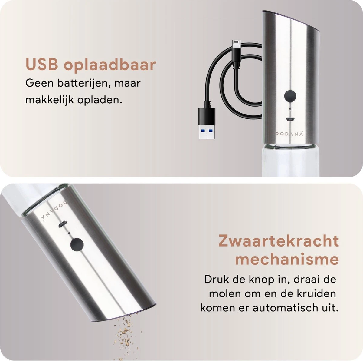 DODANA Premium Peper - & Zoutmolen Elektrisch - 1 Stuk - Pepermolen - Zoutmolen - Oplaadbaar - USB - Elektrische Pepermolen - RVS - Zwaartekracht Functie - LED Lamp - Nl Handleiding - Incl Borsteltje 4 DODANA Premium Peper - & Zoutmolen Elektrisch - 1 Stuk - Pepermolen - Zoutmolen - Oplaadbaar - USB - Elektrische Pepermolen - RVS - Zwaartekracht Functie - LED Lamp - Nl Handleiding - Incl Borsteltje - Image 4
