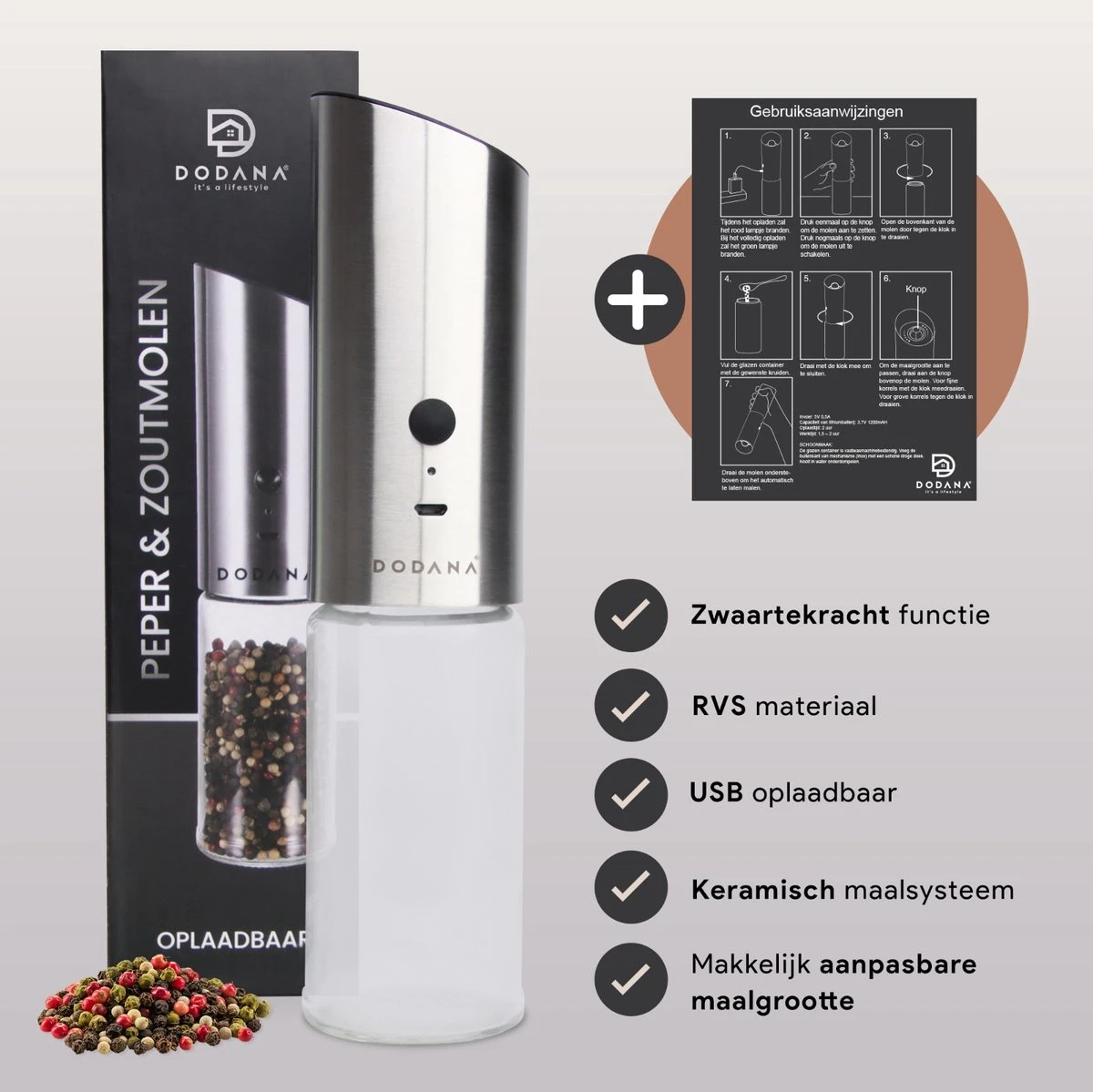 DODANA Premium Peper - & Zoutmolen Elektrisch - 1 Stuk - Pepermolen - Zoutmolen - Oplaadbaar - USB - Elektrische Pepermolen - RVS - Zwaartekracht Functie - LED Lamp - Nl Handleiding - Incl Borsteltje 3 DODANA Premium Peper - & Zoutmolen Elektrisch - 1 Stuk - Pepermolen - Zoutmolen - Oplaadbaar - USB - Elektrische Pepermolen - RVS - Zwaartekracht Functie - LED Lamp - Nl Handleiding - Incl Borsteltje - Image 3
