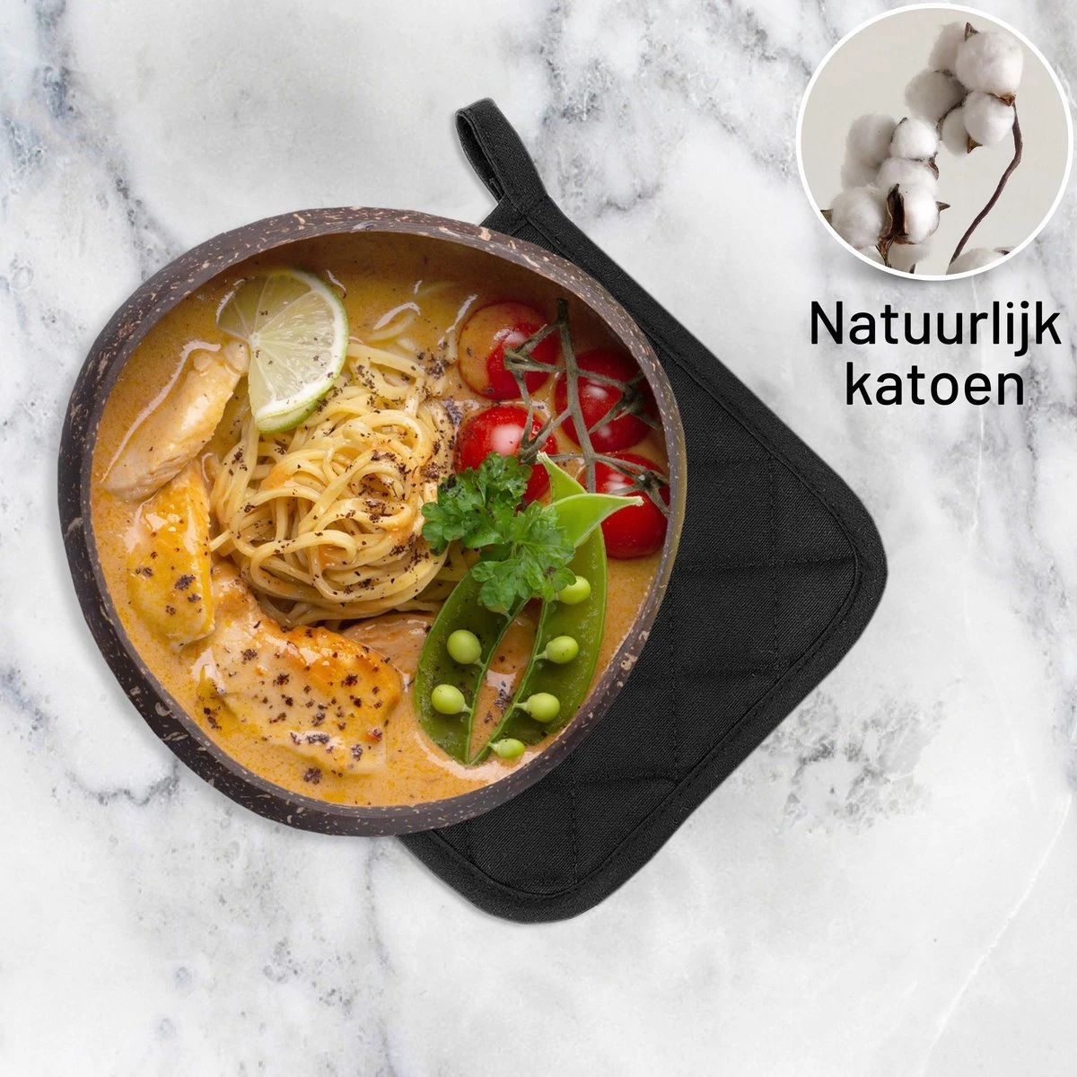 Merkloos Tavas Dream Hittebestendige Pannenlappen | 2 Stuks | Katoen, Thermolite | Tot 220°C | Zwart 2 Merkloos Tavas Dream Hittebestendige Pannenlappen | 2 Stuks | Katoen, Thermolite | Tot 220°C | Zwart - Image 2