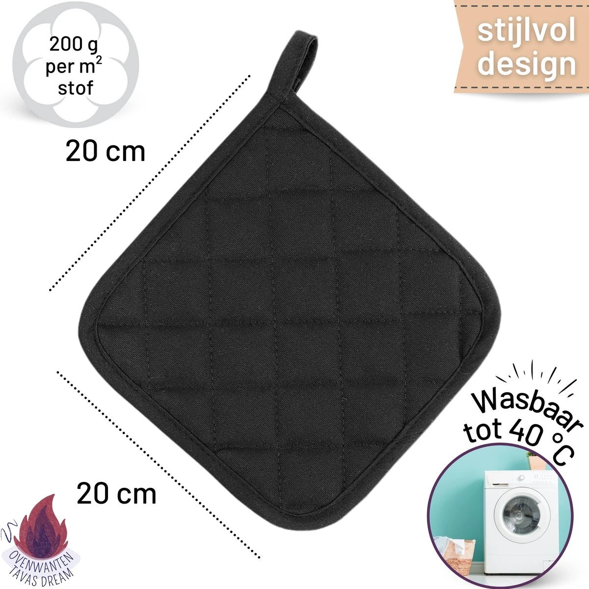 Merkloos Tavas Dream Hittebestendige Pannenlappen | 2 Stuks | Katoen, Thermolite | Tot 220°C | Zwart 3 Merkloos Tavas Dream Hittebestendige Pannenlappen | 2 Stuks | Katoen, Thermolite | Tot 220°C | Zwart - Image 3