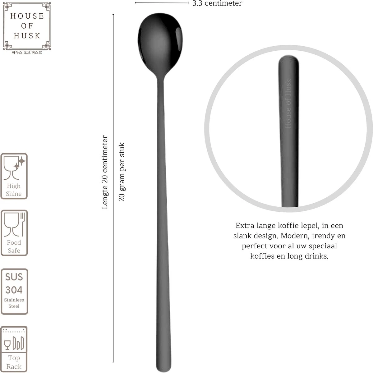 House Of Husk Latte Macchiato Lepels Set - Lange Theelepels - Koffielepels - Longdrinklepels - Sorbetlepels - Barlepel - RVS - 6 Stuks - 20CM - Zwart 2 House Of Husk Latte Macchiato Lepels Set - Lange Theelepels - Koffielepels - Longdrinklepels - Sorbetlepels - Barlepel - RVS - 6 Stuks - 20CM - Zwart - Image 2