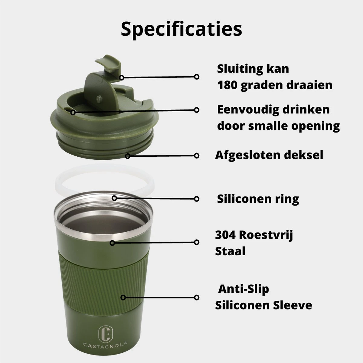 Castagnola Design RVS Koffiebeker To Go - Groen - 380ml - Thermosbeker - Theebeker 5 Castagnola Design RVS Koffiebeker To Go - Groen - 380ml - Thermosbeker - Theebeker - Image 5