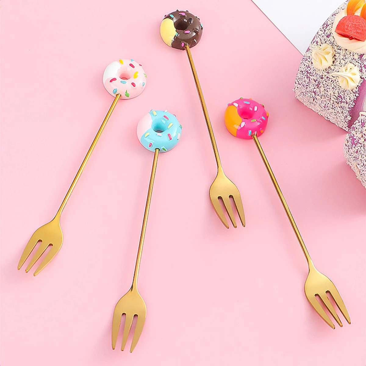 Gebaksvorkjes Donut Set Van 4 Taartvorkjes - Goud 5 Gebaksvorkjes Donut Set Van 4 Taartvorkjes - Goud - Image 5