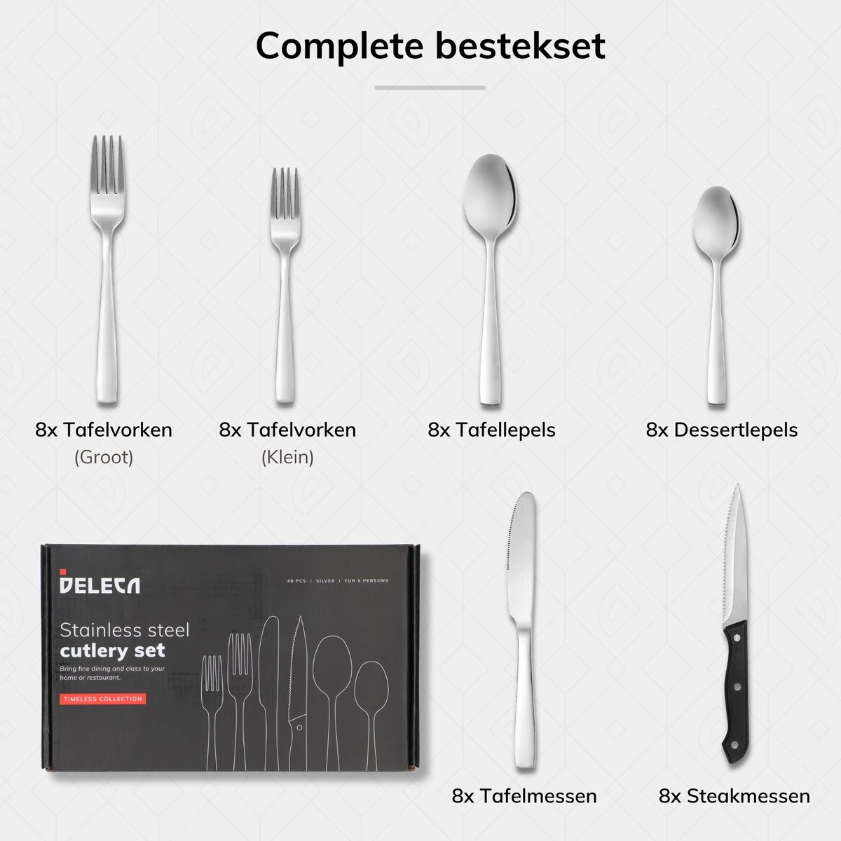 Deleca 8 Persoons Bestekset (48-delig) - Lepels, Messen, Vorken & Steakmessen - Vaatwasserbestendig - Zilver / RVS 10 Deleca 8 Persoons Bestekset (48-delig) - Lepels, Messen, Vorken & Steakmessen - Vaatwasserbestendig - Zilver / RVS - Image 10