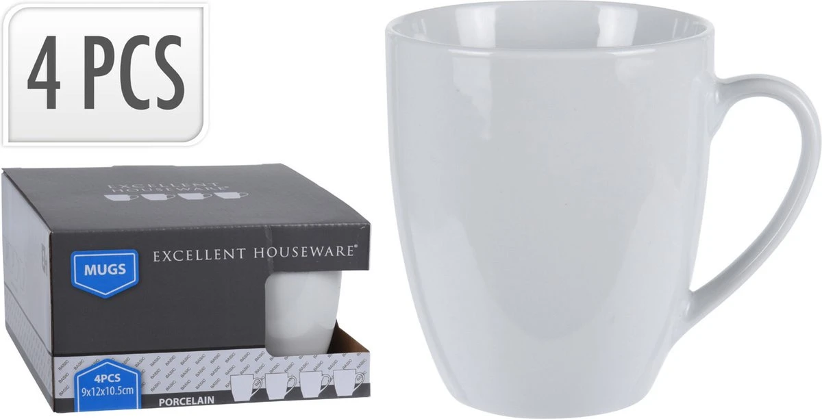 Excellent Houseware Set Van 4x Stuks Bekers/mokken Wit 380 Ml Van Porselein - Melkbekers 5 Excellent Houseware Set Van 4x Stuks Bekers/mokken Wit 380 Ml Van Porselein - Melkbekers - Image 5