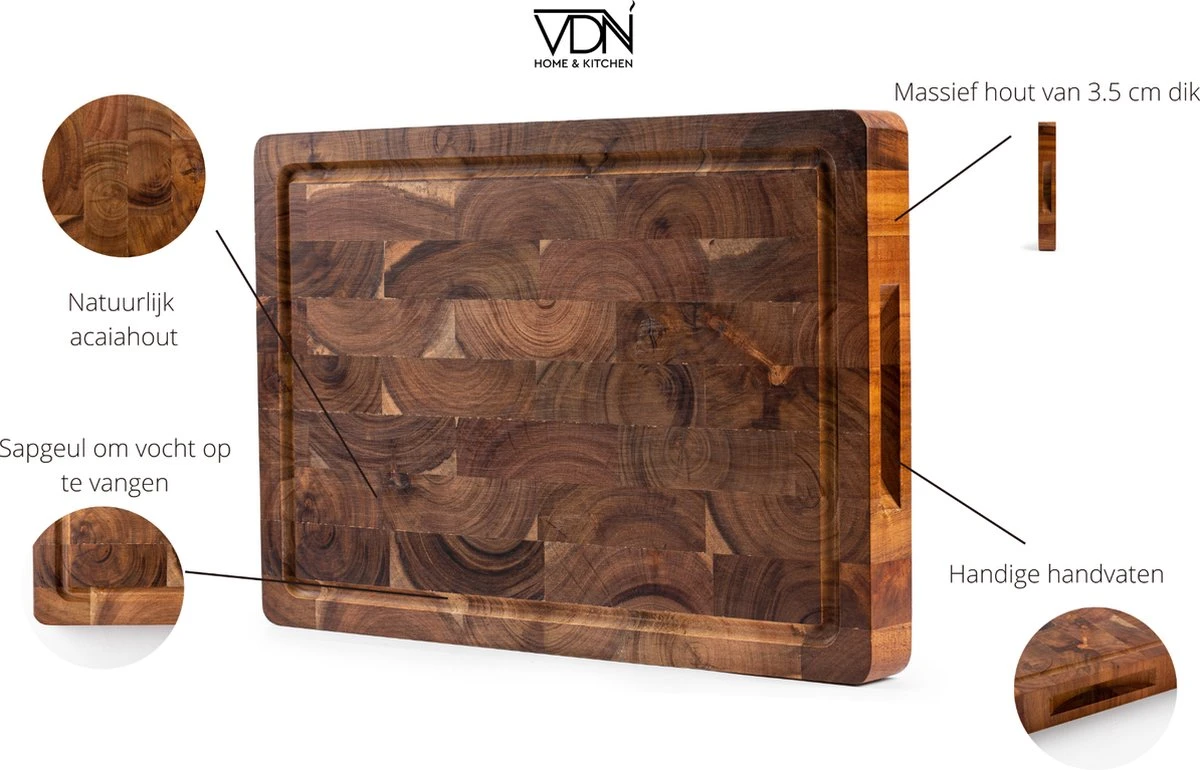 VDN Professionele Snijplank Acacia Hout Met Sapgeul En Handvatten – Hakblok 26x38x3.5 Cm 5 VDN Professionele Snijplank Acacia Hout Met Sapgeul En Handvatten – Hakblok 26x38x3.5 Cm - Image 5