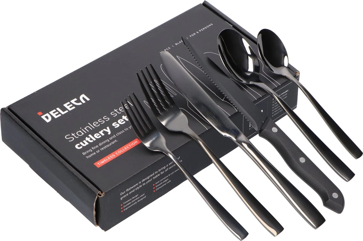 Deleca 6 Persoons Bestekset (36-delig) - Lepels, Messen, Vorken & Steakmessen - Vaatwasserbestendig - Zwart / RVS 10 Deleca 6 Persoons Bestekset (36-delig) - Lepels, Messen, Vorken & Steakmessen - Vaatwasserbestendig - Zwart / RVS - Image 10