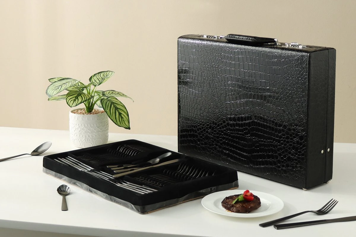 Swiss Pro+ Bestekset In Koffer-72 Delig-12 Persoons-Zwitsers Kwaliteit-Complete Set-100% Roestvrijstaal- Zwart 4 Swiss Pro+ Bestekset In Koffer-72 Delig-12 Persoons-Zwitsers Kwaliteit-Complete Set-100% Roestvrijstaal- Zwart - Image 4