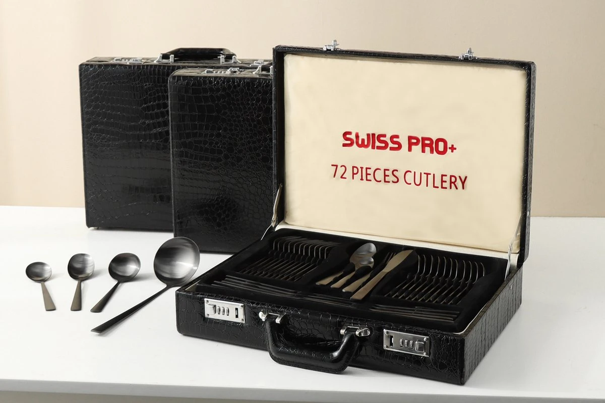 Swiss Pro+ Bestekset In Koffer-72 Delig-12 Persoons-Zwitsers Kwaliteit-Complete Set-100% Roestvrijstaal- Zwart 16 Swiss Pro+ Bestekset In Koffer-72 Delig-12 Persoons-Zwitsers Kwaliteit-Complete Set-100% Roestvrijstaal- Zwart - Image 16