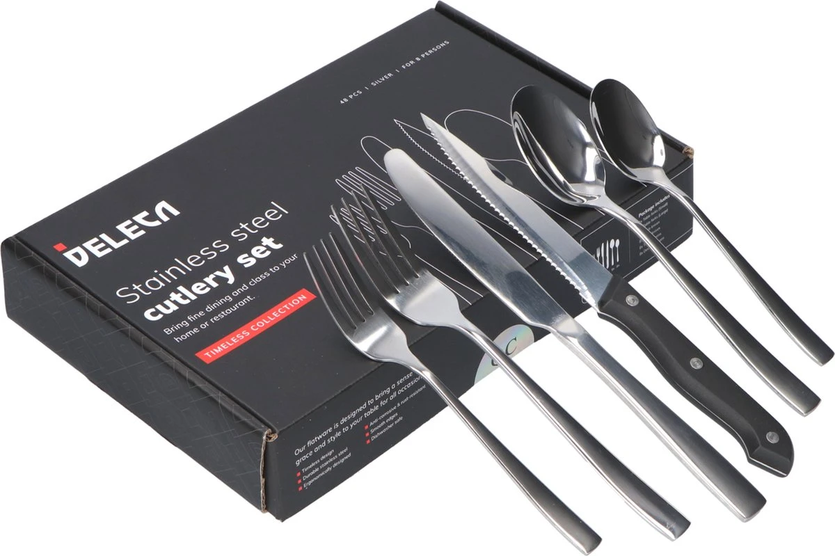 Deleca 8 Persoons Bestekset (48-delig) - Lepels, Messen, Vorken & Steakmessen - Vaatwasserbestendig - Zilver / RVS 9 Deleca 8 Persoons Bestekset (48-delig) - Lepels, Messen, Vorken & Steakmessen - Vaatwasserbestendig - Zilver / RVS - Image 9