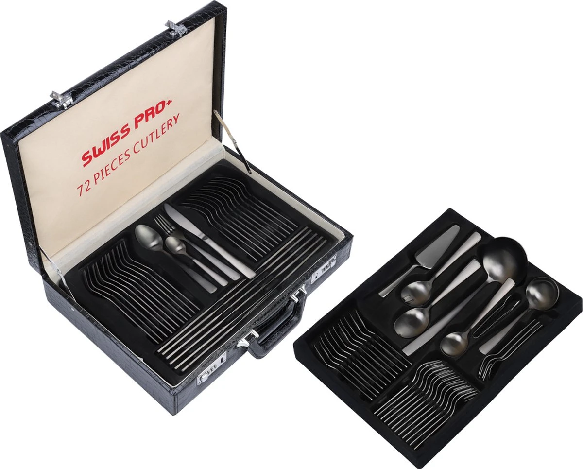 Swiss Pro+ Bestekset In Koffer-72 Delig-12 Persoons-Zwitsers Kwaliteit-Complete Set-100% Roestvrijstaal- Zwart 2 Swiss Pro+ Bestekset In Koffer-72 Delig-12 Persoons-Zwitsers Kwaliteit-Complete Set-100% Roestvrijstaal- Zwart - Image 2